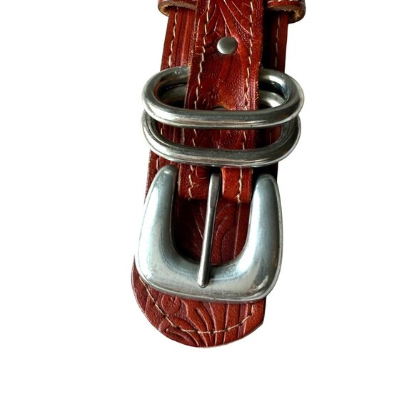 Haberdas Brown Tooled Leather Belt With Silver-Tone Buckle S/M - Picture 6 of 9